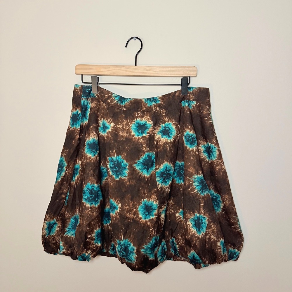 Vintage H&M Brown Blue Tie Dye Bubble Skirt Above Knee Y2K 90s Low Rise SZ 12